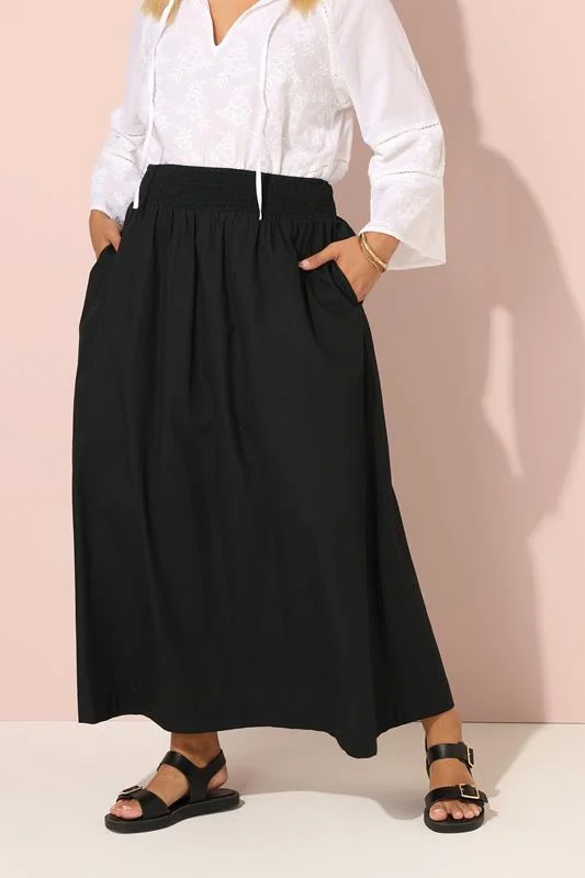 YOURS Curve Black Poplin Shirred Waist Maxi Skirt