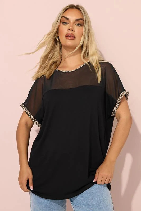 YOURS Curve Black Mesh Leopard Detail Top