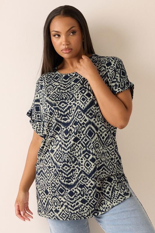 YOURS Curve Navy Blue Aztec Drop Shoulder Top
