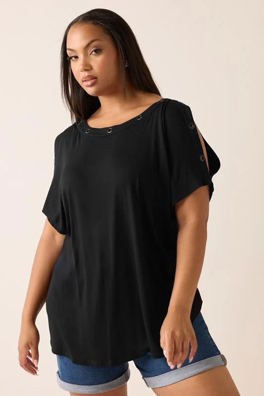 YOURS Curve Black Eyelet Detail Top