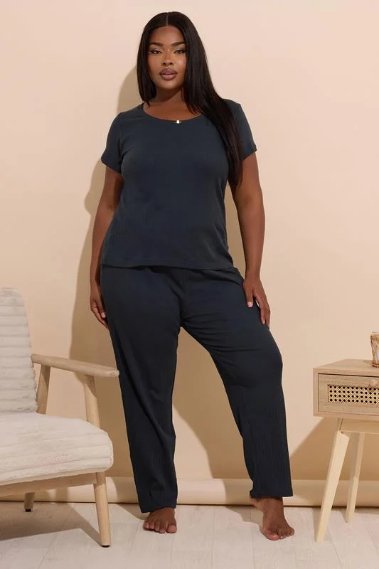 YOURS Curve Navy Blue Pointelle Wide Leg Pyjama Set