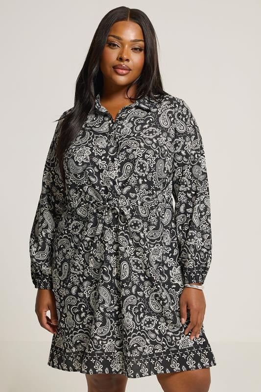YOURS Curve Black Paisley Print Mini Shirt Dress 5 YOURS Curve Black Paisley Print Mini Shirt Dress