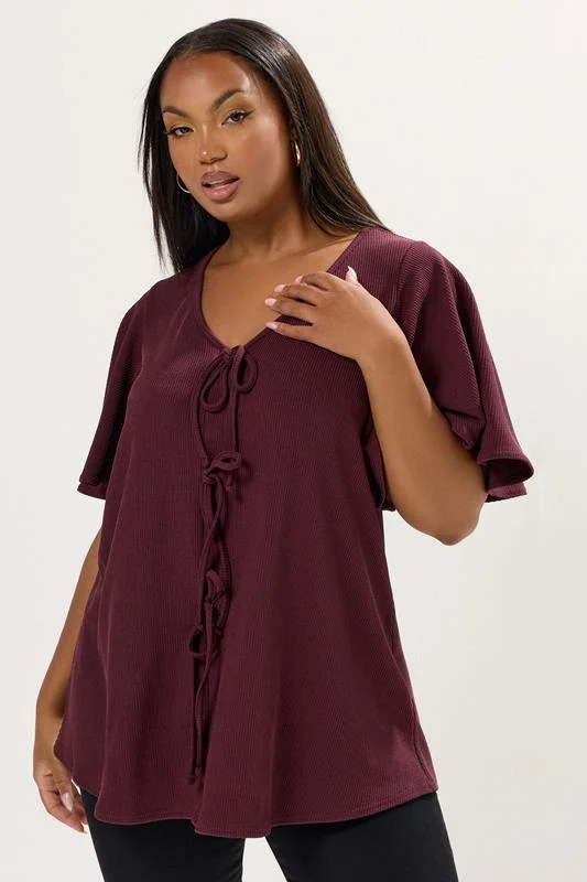 YOURS Curve Purple Bow Front Angel Sleeve Top