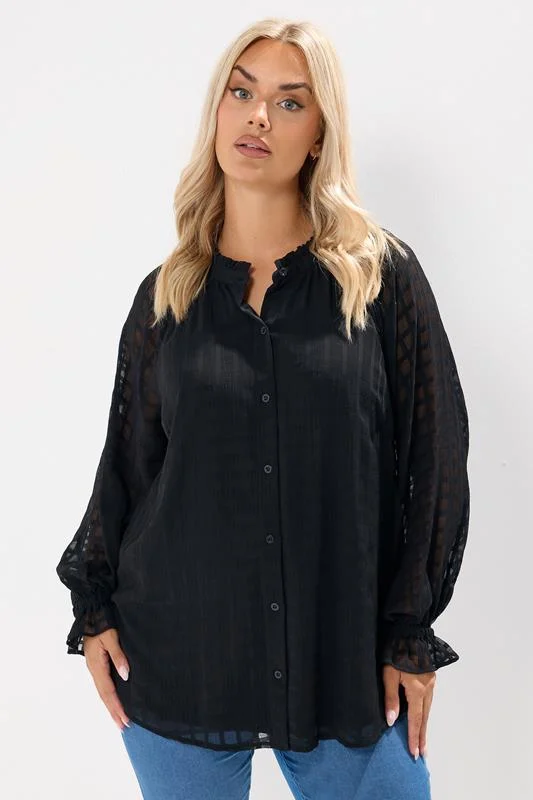 YOURS Curve Black Textured Frill Neck Blouse