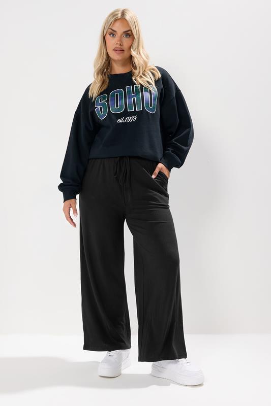 YOURS Curve Black Ribbed Wide Leg Trousers