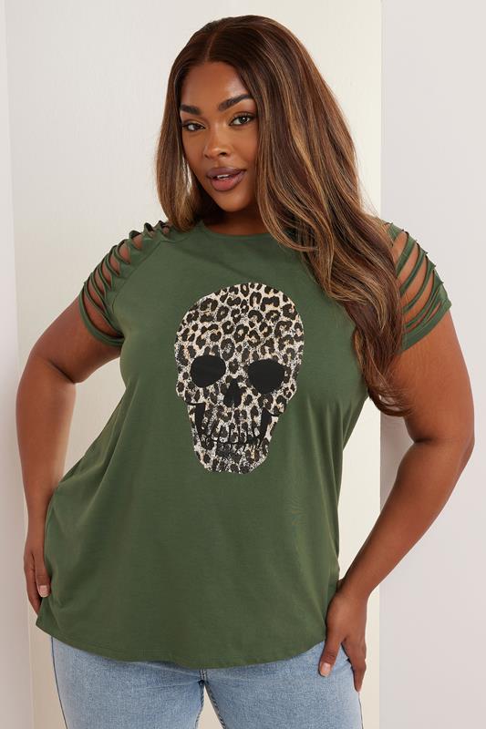 YOURS Curve Khaki Green Skull Leopard Cut Out Top