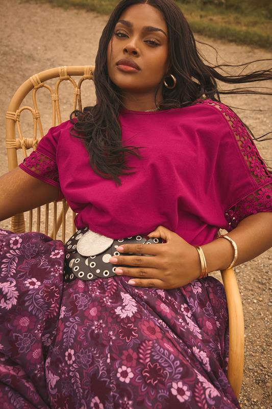 YOURS Curve Dark Pink Crochet Sleeve Boxy T-Shirt