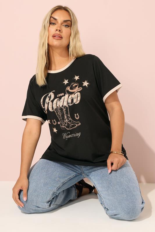 YOURS Curve Black'Rodeo' Slogan Ringer T-Shirt