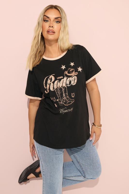 YOURS Curve Black'Rodeo' Slogan Ringer T-Shirt 3 YOURS Curve Black'Rodeo' Slogan Ringer T-Shirt