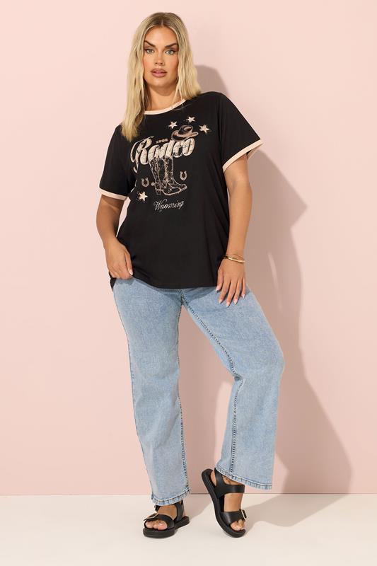 YOURS Curve Black'Rodeo' Slogan Ringer T-Shirt 4 YOURS Curve Black'Rodeo' Slogan Ringer T-Shirt