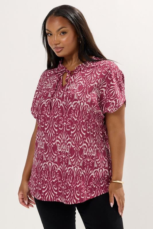 YOURS Curve Red Ikat Textured Frill Neck Top