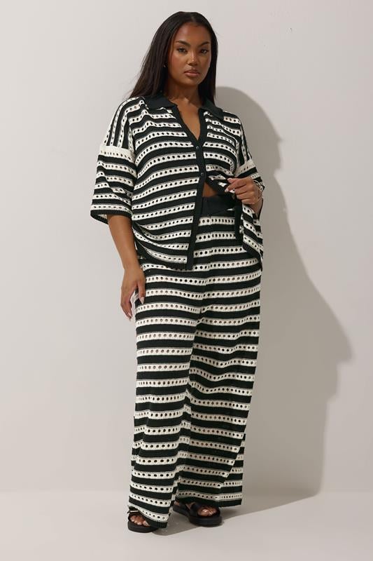 LIMITED COLLECTION Curve Black & White Stripe Crochet Wide Leg Trousers