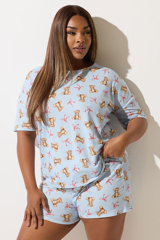 LIMITED COLLECTION Curve Blue Teddy Bear Bow Short Pyjama Set