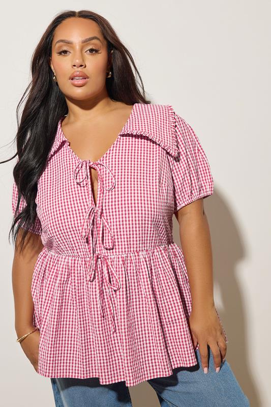 YOURS Curve Red Gingham Tie Front Blouse