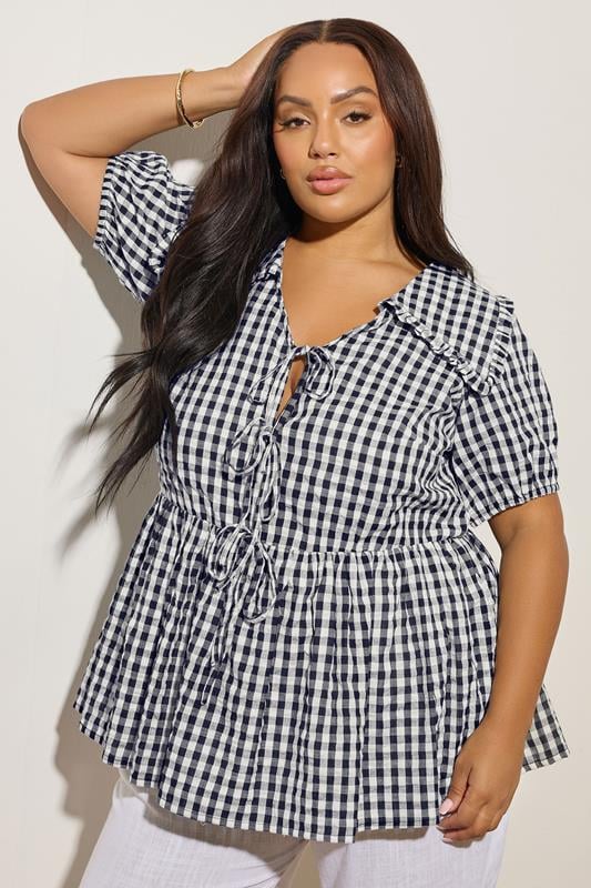 YOURS Curve Navy Blue Gingham Tie Front Blouse
