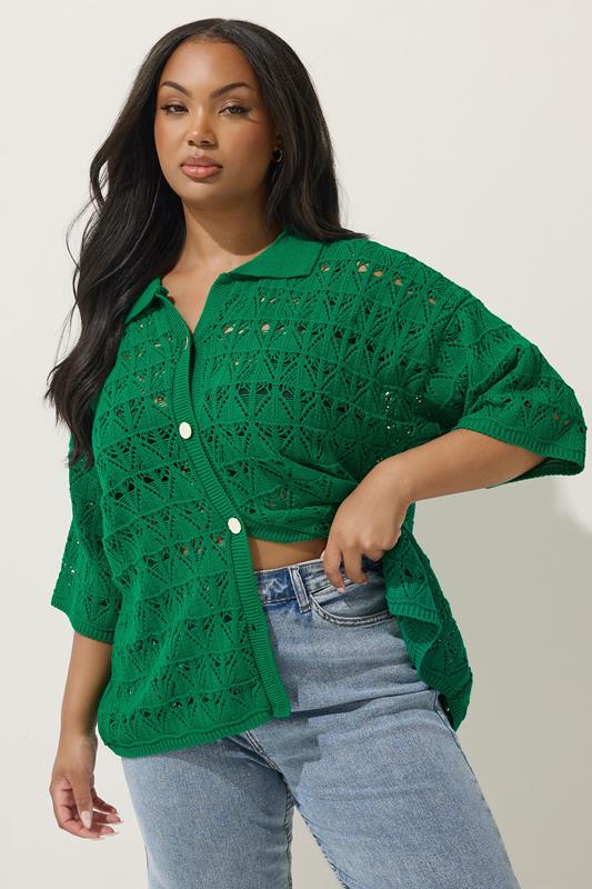 LIMITED COLLECTION Curve Green Button Through Crochet Shirt