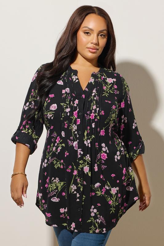 YOURS Curve Black Floral Print Pintuck Blouse