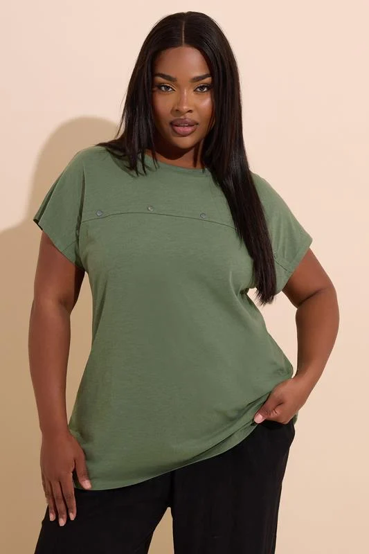 YOURS Curve Khaki Green Cotton Stud Detail T-Shirt
