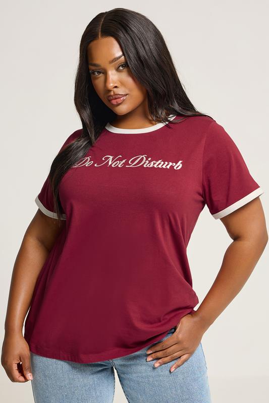 YOURS Curve Red'Do Not Disturb' Embroidered Slogan Ringer T-Shirt