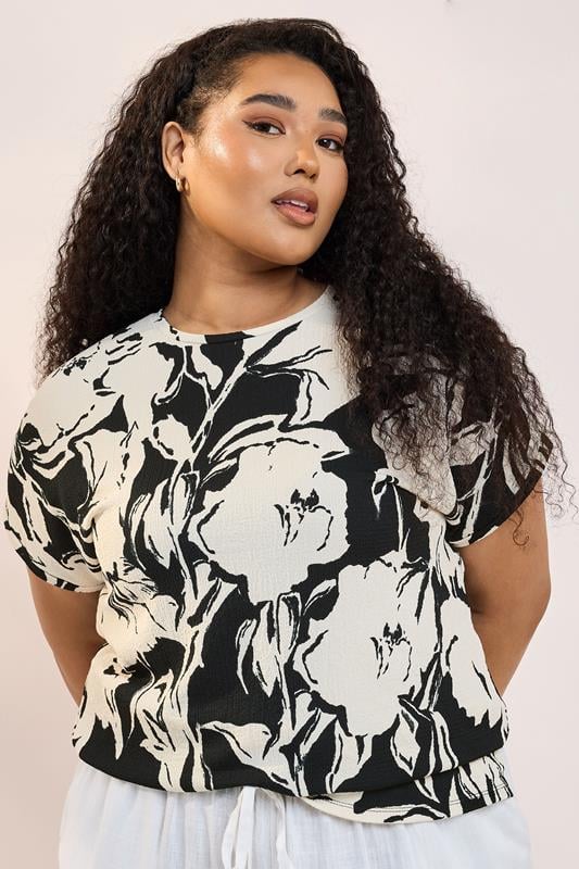 YOURS Curve Black Abstract Floral Print Textured Top